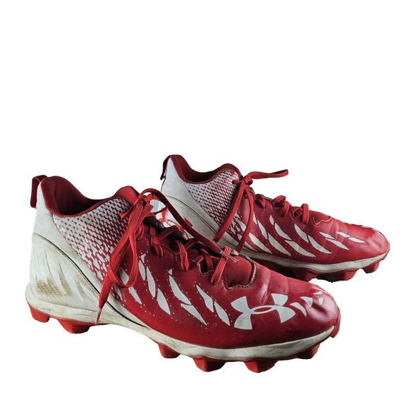 Under Armour Men's 11 US Command MC Mid Lacrosse Football Cleats in White/Red - Picture 1 of 8